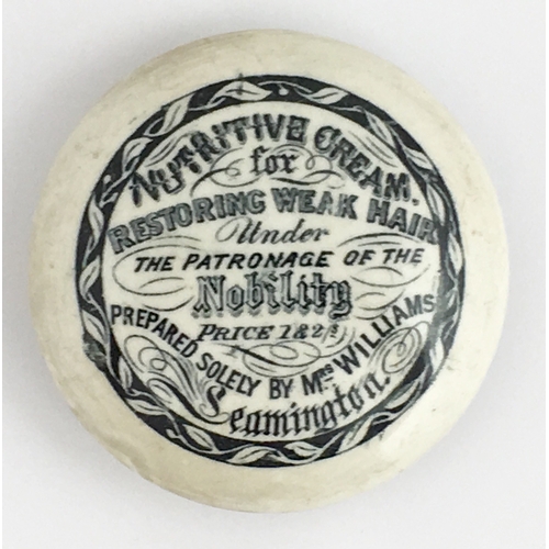 711 - LEAMINGTON NUTRITIVE CREAM POT LID. (APL pg 634, 36a) 3ins diam. Domed top, strong black transfer NU... 