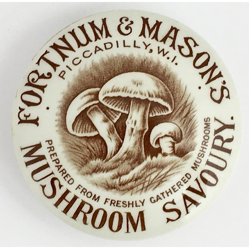 712 - FORTNUM & MASON MUSHROOM SAVORY POT LID. (APL pg 295, 35) 3.25ins diam. Domed lid, brown transfer FO... 