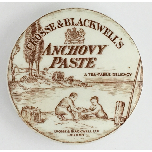 714 - LONDON CROSSE & BLACKWELL ANCHOVY PASTE POT LID. (APL, pg 280, 92) 3.5ins diam. Sepia transfer CROSS... 