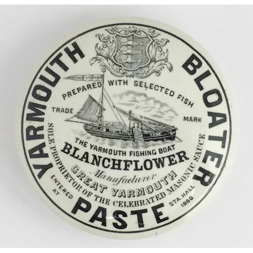 715 - GREAT YARMOUTH BLOATER PASTE POT LID. (APL pg 457, 4c) 4ins diam. Domed lid, black transfer YARMOUTH... 