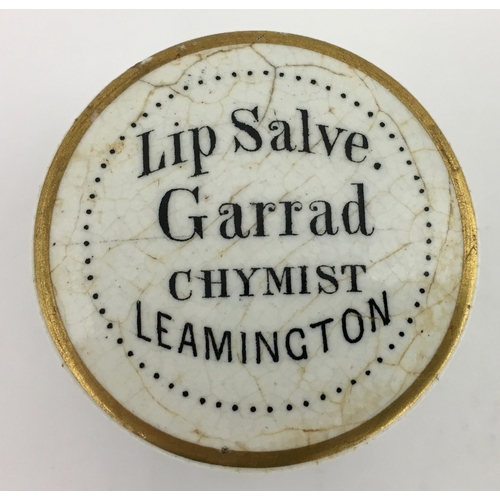 718 - LEAMINGTON LIP SALVE POT LID & BASE. (APL pg 632, 13) 1.75ins diam. Black transfer LIP SALVE/ GARRAD... 