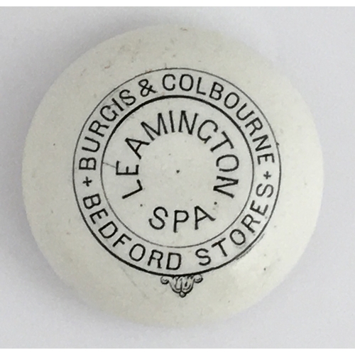 719 - LEAMINGTON SPA BUTTON POT LID. (APL pg 631, 5a) 2ins diam. Black transfer BURGIS & COLBOURNE/ LEAMIN... 