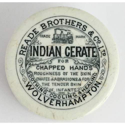 720 - WOLVERHAMPTON INDIAN CERATE POT LID & BASE. (APL pg 649, 101a) 2.75ins diam. Black transfer READE BR... 