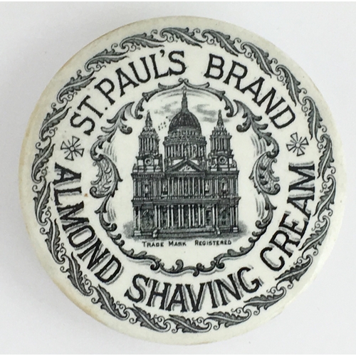 721 - LONDON ALMOND SHAVING CREAM POT LID. (APL pg 358, 7)  3.5ins diam. lid. Highly ornate black transfer... 