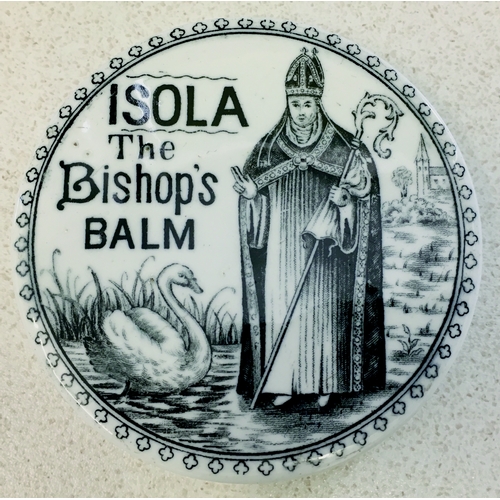 722 - ISOLA THE BISHOPS BALM POT LID. (APL pg 231) 3.25ins diam. Strong black transfer ISOL/ THE/ BISHOP’S... 