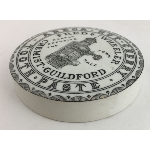 506 - GUILDFORD ARECA NUT CHERRY TOOTH PASTE POT LID. (APL pg 17a) 3ins diam. Black transfer ARECA NUT CHE... 