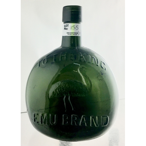 155 - EMU BRAND BLADDER SHAPED BOTTLE TRIO. Tallest 9ins, dark olive green, dark amber & nearly black glas... 