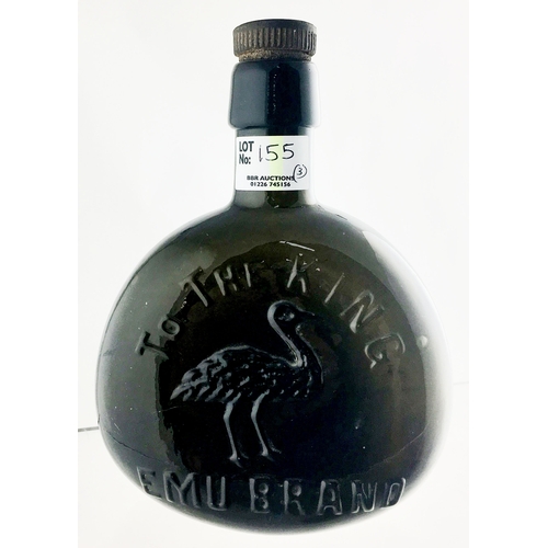 155 - EMU BRAND BLADDER SHAPED BOTTLE TRIO. Tallest 9ins, dark olive green, dark amber & nearly black glas... 