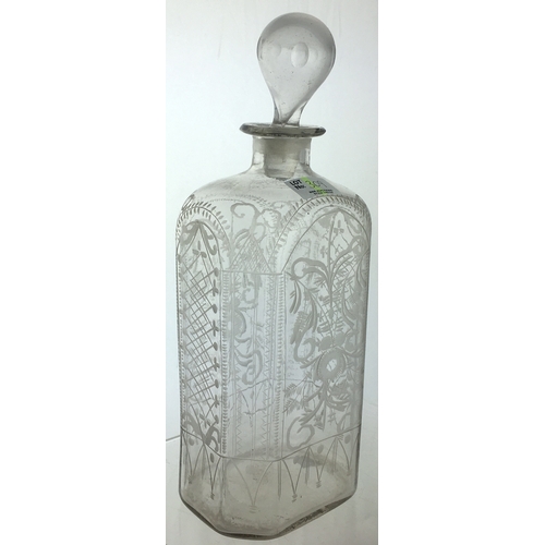 309 - GLASS DECANTER. 11.5ins, clear glass, acid etched, with stopper.