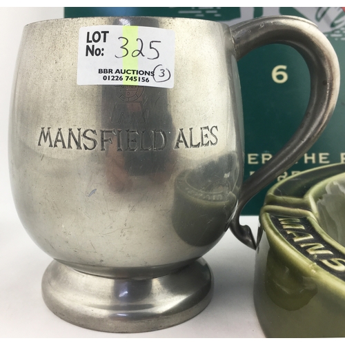 325 - MANSFIELD BITTER TRIO. Largest, 18 x 12ins, clock, ashtray & engraved pewter tankard. (3)