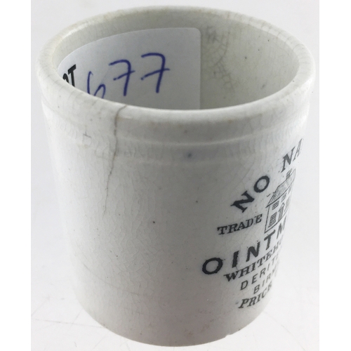 677 - BIRMINGHAM NO NAME OINTMENT POT. 1.5ins tall. Cylindrical shape, black transfer NO NAME/ OINTMENT/ W... 