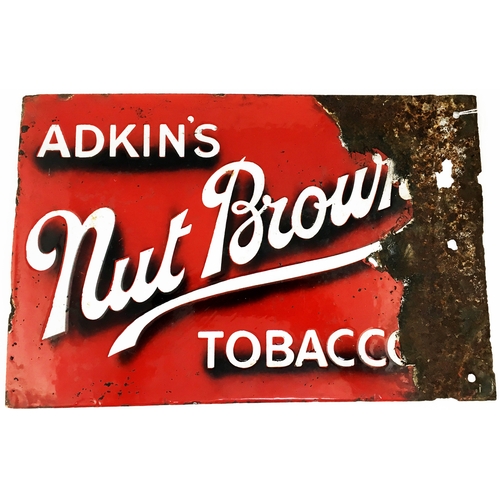 92 - ADKINS NUT BROWN TOBACCO ENAMEL SIGN. 14.25 by 9.5ins. Double sided enamel, originally would have ha... 