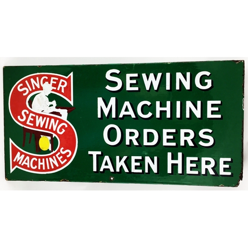 94 - SINGER SEWING MACHINE ENAMEL SIGN. 22 by 11ins. Double sided enamel sign with the familiar lady sat ... 