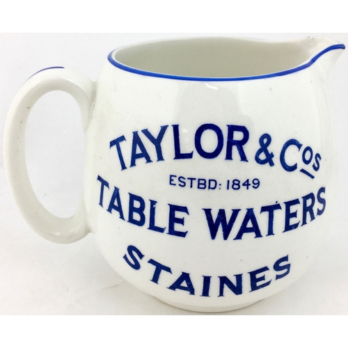 119 - STAINES TABLE WATERS/ TAYLOR & Cos WATER JUG. 4.5ins tall. Blue lettering both sides. J Clifton Cott... 