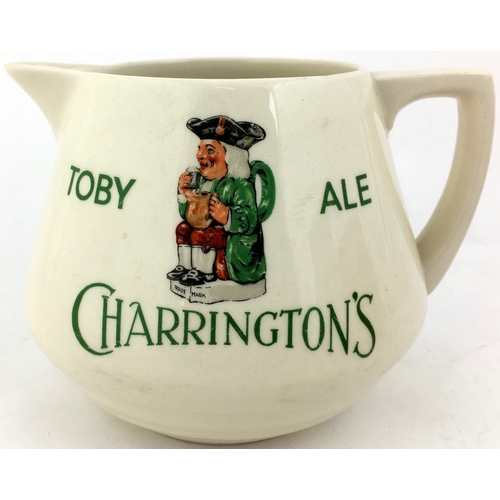 151 - TOBY STOUT CHARRINGTONS WATER JUG. 4.5ins tall. Coloured transfer both sides. Royal Doulton p.m. Exc... 