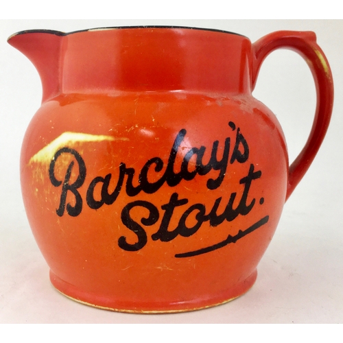 158 - BARCLAY’S STOUT WATER JUG. 4.4ins tall. A striking black on red simple design. Old chip one side, co... 