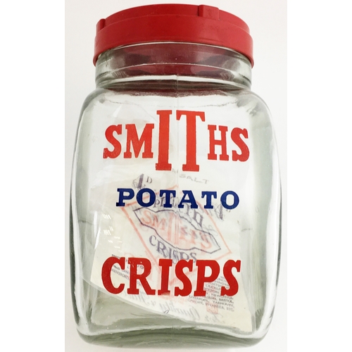 174 - SMITHS CRISPS COUNTER DISPLAY JAR. 10ins tall, lid 5.25ins diam. Clear glass with bakelite screw lid... 