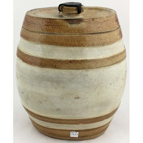 215 - EARLY SALT GLAZE WHISKY BARREL. 10ins tall to top of stopper. Front coat of arms sprig, spigot below... 