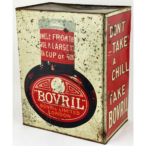 226 - BOVRIL SHOP COUNTER LARGE TIN DISPENSER. 12.5ins tall, 9.8 by 6ins base. Different lettering to each... 