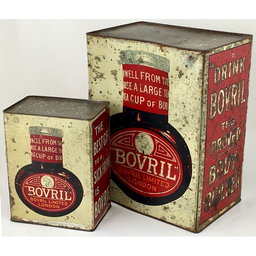 226 - BOVRIL SHOP COUNTER LARGE TIN DISPENSER. 12.5ins tall, 9.8 by 6ins base. Different lettering to each... 