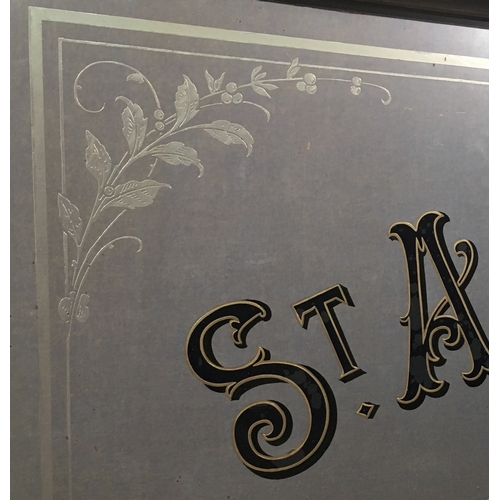 240 - ST ANDREWS ALES & STOUTS MIRROR. 35.5 by 30ins. Wooden framed mirror with etched floral and Art Deco... 