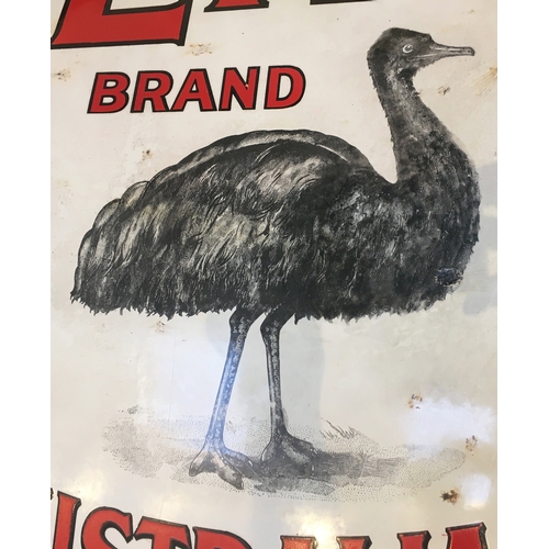 23 - EMU BRAND AUSTRALIAN BURGUNDY ENAMEL SIGN. 27 by 40ins. Various face marks, & flakes & couple of sma... 