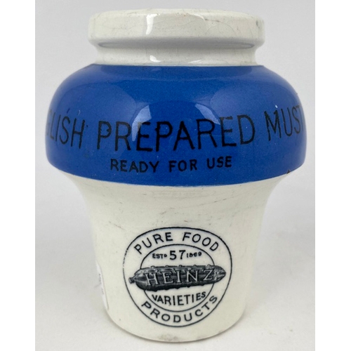 57 - HEINZ ENGLISH MUSTARD JAR. 4.25ins tall, blue top, black transfer. HEINZ/ PURE FOOD PRODUCTS, transf... 