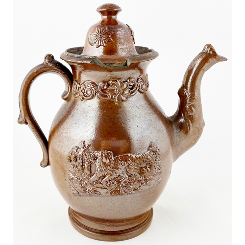 107 - DERBYSHIRE STONEWARE TEA POT. 10.75ins. c. 1850/ 60’s? Wonderful dark brown salt glaze, sprigs all r... 