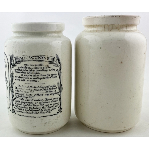 147 - COD LIVER OIL JARS. Tallest 5ins. One green transfer, both highly detailed, BYNOL plus ELLANBEE. (2)... 