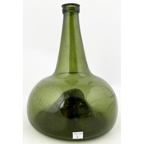 197 - DUTCH ONION BOTTLE. 7.75ins tall, olive green glass, long neck, base pontil. Some surface wear, very... 