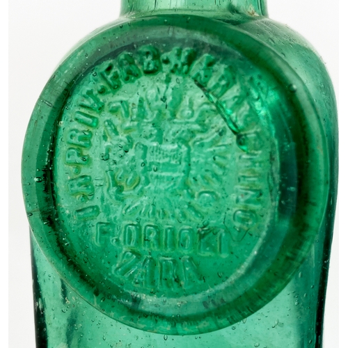 198 - ZARA SEAL BOTTLE TRIO. Tallest 11.5ins, varying aqua/ green glass, embossed seals. Minor lip nicks. ... 