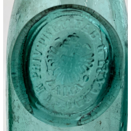 198 - ZARA SEAL BOTTLE TRIO. Tallest 11.5ins, varying aqua/ green glass, embossed seals. Minor lip nicks. ... 