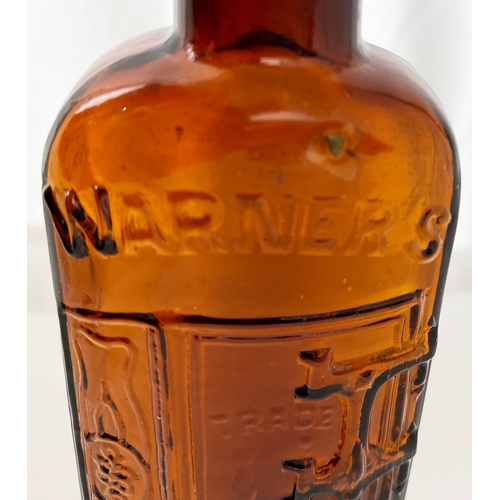 456 - WARNERS SAFE COMPOUND. Square sided amber glass, blob lip, heavy/ crisply struck front embossing fea... 