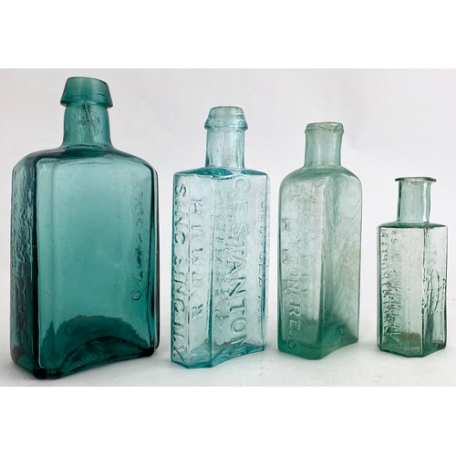 457 - PONTILLED EMBOSSED MEDICINE GROUP. Talest 5.5ins, 3 aqua & one turquiosey blue. HUNTS/ LINIMENT/ SIN... 