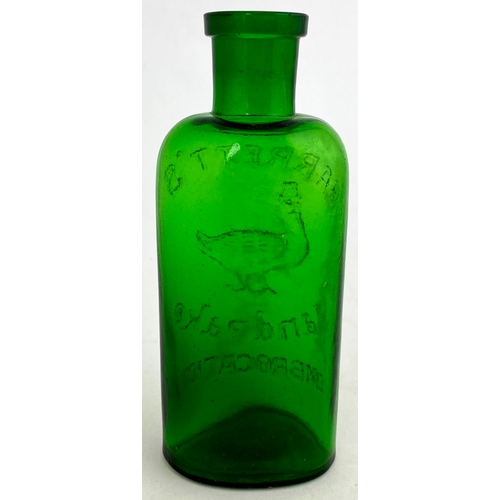 458 - BARRETTS MANDRAKE EMBOCATION. Classic round shouldered green glass medicine with pictorial rebus tra... 