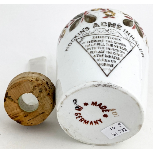 462 - HOCKINS ACME INHALER. White bodied with coloured foliate pattern around top shoulder. Original cork ... 