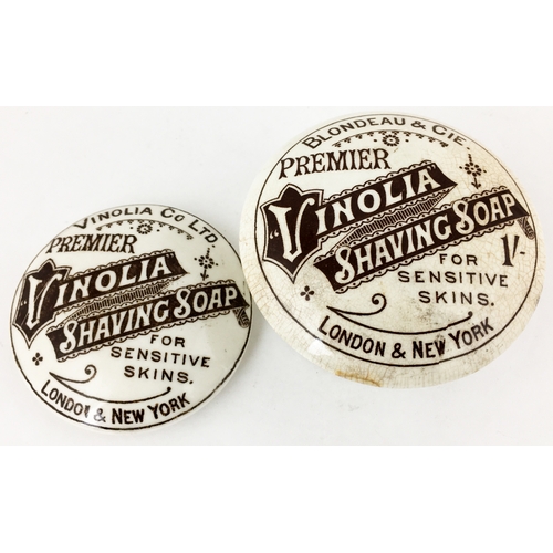 481 - VINOLIA SHAVING SOAP POT LID DUO. Largest 3.5ins diam, on base. Pair of brown pint pot lids, minor t... 