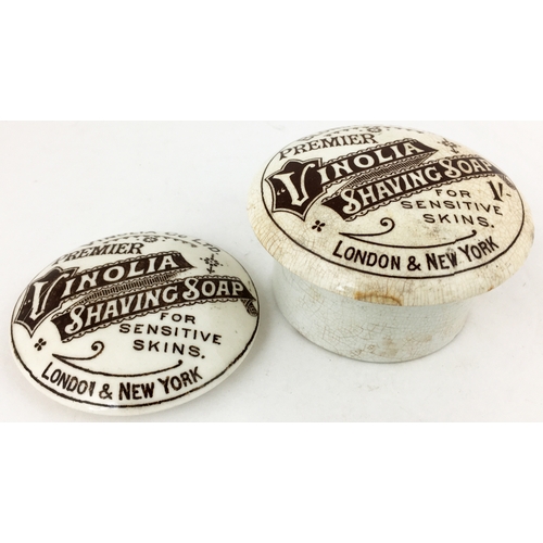 481 - VINOLIA SHAVING SOAP POT LID DUO. Largest 3.5ins diam, on base. Pair of brown pint pot lids, minor t... 