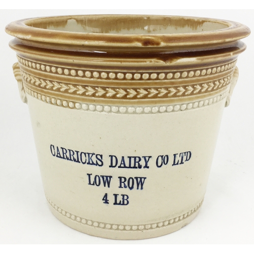 490 - CARRICKS DAIRY BUTTER CROCK. 4lb capacity, t.t., 2 side handles. 3 bold lines impressed & picked out... 