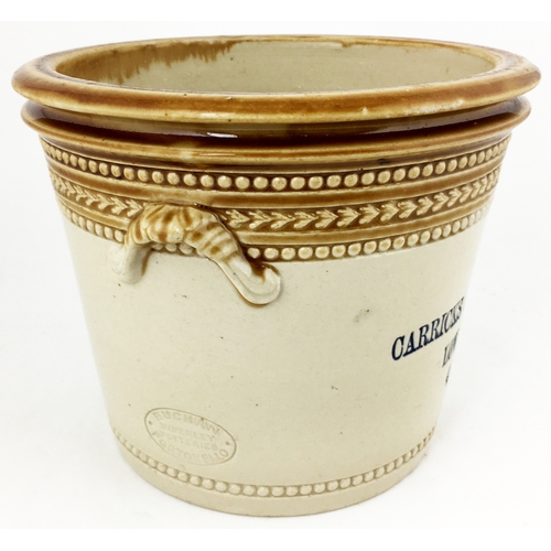 490 - CARRICKS DAIRY BUTTER CROCK. 4lb capacity, t.t., 2 side handles. 3 bold lines impressed & picked out... 