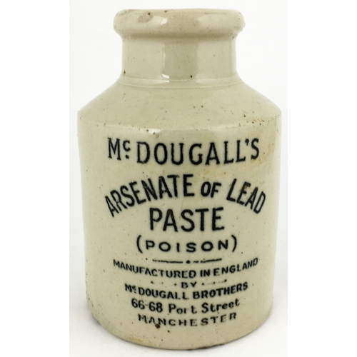 491 - McDOUGALL’S/ ARSENATE OF LEAD JAR. 6.25ins tall, off white straight sided cylinder with wide neck & ... 