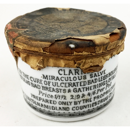 498 - CLARKES MIRACULOUS SALVE UNOPENED OINTMENT POT. A scarce survivor - usual transfer to pot but with o... 