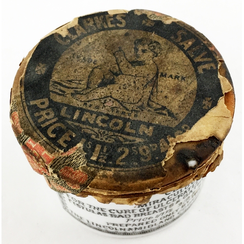 498 - CLARKES MIRACULOUS SALVE UNOPENED OINTMENT POT. A scarce survivor - usual transfer to pot but with o... 