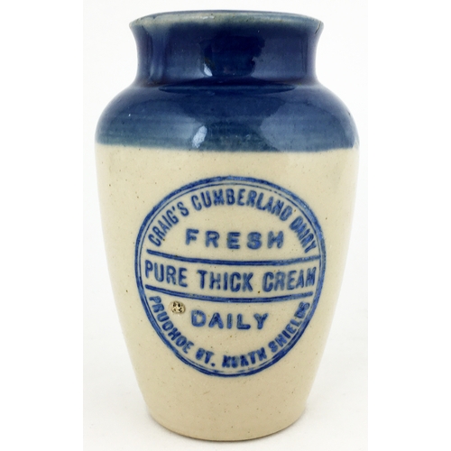 500 - NORTH SHIELDS BLUE TOPPED CREAM POT. 4.25ins tall. Round shouldered, wide mouthed cylinder, mid blue... 