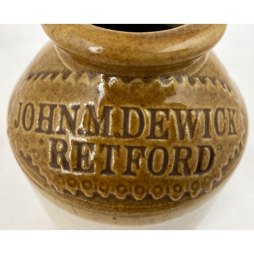 356 - RETFORD SLAB SEALED FOOD JAR. Wide neck, t.t., rear handle. Large slab for ‘JOHN DEWICK/ RETFORD’. P... 