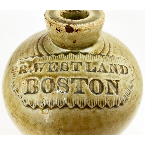 361 - BOSTON SLAB SEAL FLAGON. 9.5ins tall, grey-green slip glaze. Shoulder slab ‘R WESTLAND/ BOSTON’. Dim... 