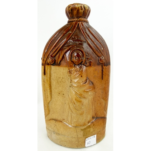 378 - MR & MRS CAUDLE REFORM FLASK. 8.8ins tall, t.t. salt glaze. Classic 1830’s/ 40’s reformheavily embos... 