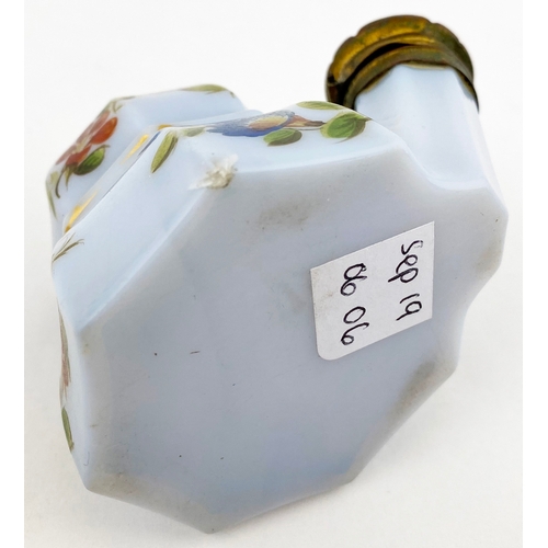 569 - GLASS TEAKETTLE INK. 2.2ins tall milk glass facetted ‘corset’ style teakettle, hand painted floral d... 