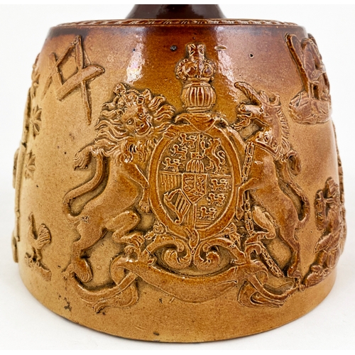 572 - SALT GLAZE MALLET  WHISKY JUG. 8.5ins tall, t.t. Heavily sprigged masonic type early whisky mallet -... 