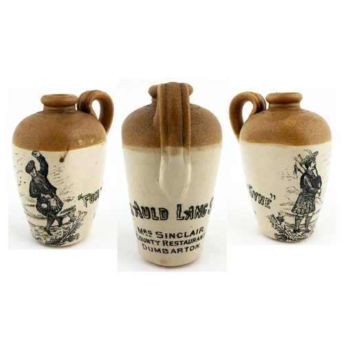 577 - DUMBARTON AULD LANG SYNE.  5ins tall, t.t., rea handle. Flat bodied pocket type jug depicting higlan... 